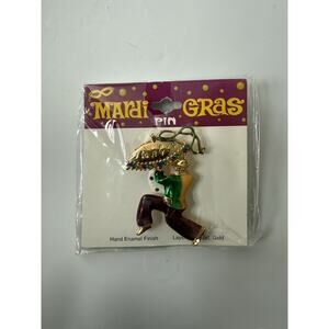 VTG Mardi Gras Umbrella Parade Dancer Green Yellow Pin Brooch 18k Gold